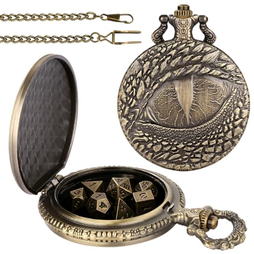 Mini DND Dice Set with Retro Dragon's eyes Pocket Watch Shell Case, DND Starter Set, 7pcs Polyhedral Mini Metal Dice Set, D&D Gifts with Gift Bag, Role Playing Board Game Accessories, Bronze - color: Bronze