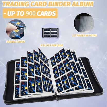 900 Pockets Round Ring Trading Card Binder, 9-Pocket Clear Zipper Card Album with Wrist Strap, Holds 900 Standard TCG & Sports Cards, Not Fit Top Loaders (Carbon White) - color: 9 Pocket 900 Carbon White