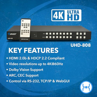 OREI 8x8 HDMI Matrix Switch – 4K@60Hz Audio Extraction, EDID, ARC, HDCP 2.2 | 8x8 HDMI Matrix Switch, 4K60, 18Gbps, ARC, 4K Downscaler, Analog & Coax Audio Extraction, EDID, HDR - size: 8x8 Matrix