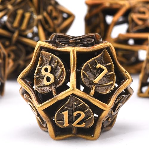 AUSTOR 7 Pieces DND Dice Set Leaf Metal Hollow Polyhedral Dice D20 D12 D10 D% D8 D6 D4 with Metal Box for Dungeons & Dragons RPG Board Games(Antique Gold) - color: Antique Gold