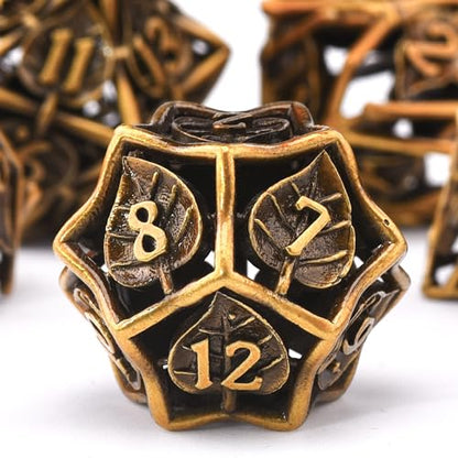 AUSTOR 7 Pieces DND Dice Set Leaf Metal Hollow Polyhedral Dice D20 D12 D10 D% D8 D6 D4 with Metal Box for Dungeons & Dragons RPG Board Games(Antique Gold) - color: Antique Gold