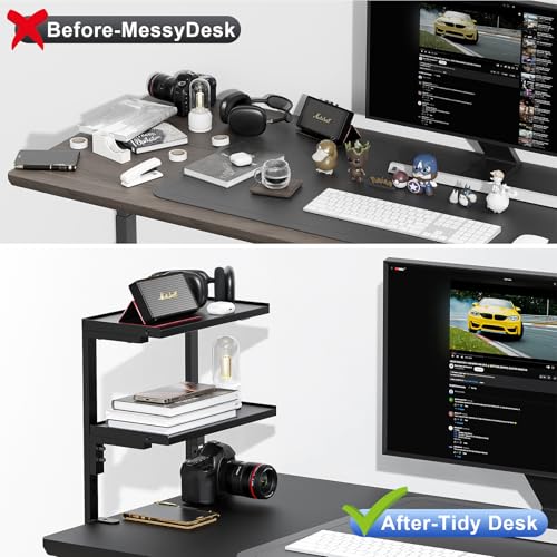 2-Tier Desk Shelf | Desk Organization Expandable Clamp on Desk Shelf Desktop Accessories for Offices and Game Rooms (Black) - color: Black