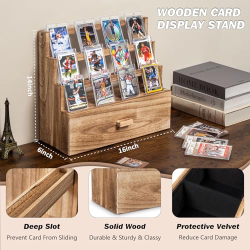 Emfogo Trading Card Display, 3-Tier Card Display Case with Custom Drawer, Wood Graded Card Display with Supporters and Dividers, Sports Card Display Case (Brown) - color: Rustic Brown