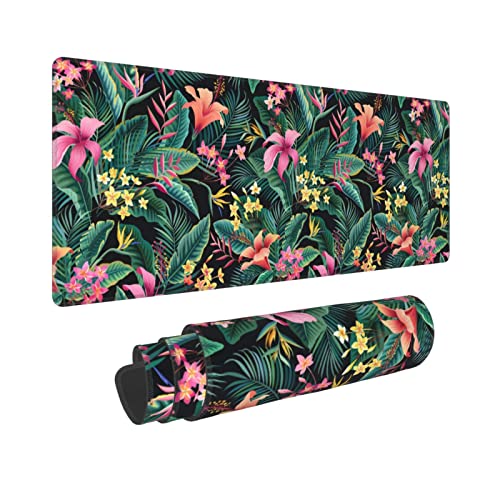 Xl Mouse Pad Gaming, Cute Flower Tropical Leaves Large Mousepad, Long Stitched Non-Slip Base Floral Computer Keyboard Mats for Desk for Women and Girl School Office Decor, (Green Pink, 31.5*11.8 In) - color: Tropical Leaves and Flowers