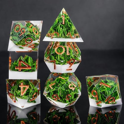 Natural Mountain Forest DND Dice Sharp Edge Handmade Dungeons and Dragon RPG Game Polyhedral Dice for Role Playing Game（Green） - color: Green-mountain