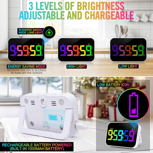 Kitchen Timer for Cooking, Rechargeable Digital Magnetic Timer with Large LED Display, Loud Alarm, Sound Countdown, 4 Volume Levels and 3 Brightness for Classroom, Study (RGB) - color: Rgb
