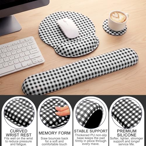 Tellegloww Wrist Rest Support for Mouse Pad&Keyboard Set, Black and White Gingham Checkered Circle Curved Ergonomic Mousepad&Coaster Non-Slip Base for Office Home Laptop Desktop Computer Keyboard - color: Black and White
