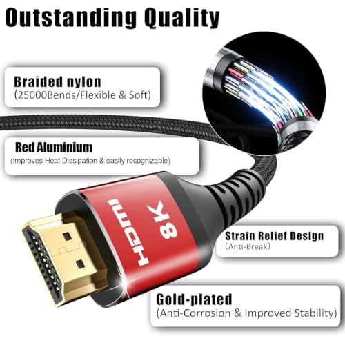 8K HDMI Cable 6FT, High Speed 48Gbps HDMI 2.1 Cord, Support 8K@60Hz & 4K@120Hz, HDR10+, VRR, ALLM, eARC, Dolby Atmos, DTS:X, SBTM, HDCP 2.3 for TV, Monitor, Roku, PS5/4, Xbox(Red, easy identification) - size: 6FT