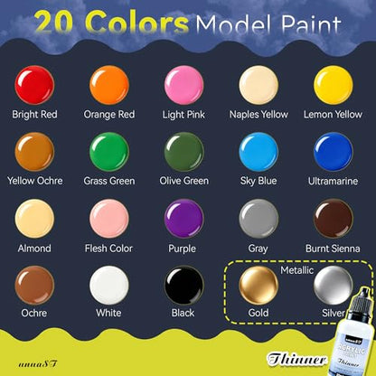 20 Colors Model Paint Set, Model Acrylic Paint Set for Brush & Airbrush Use | 0.7oz/20ml, Includes 3 Brushes & 1 Thinner, Ready to Use, Miniature Paint Set for Models, Gaming Figures, Crafts, 3D Paints