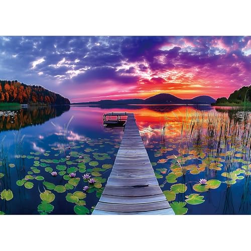 Sunset Lake Dock 1000 Piece Jigsaw Puzzle for Adults Beautiful Wooden Bridge Landscape with Mountains Natural Scenery Vibrant Sky Lily Pads Challenging uzzle for Game Night & Home Decor (27" x 20") - color: Sunset Lake