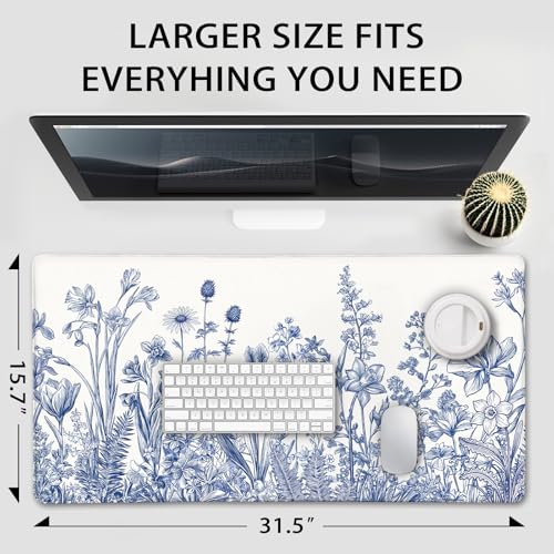 Blue Floral Large Gaming Mouse Pad Desk Mat 31.5"x15.7" Non Slip | Extended Mousepad, Non-Slip Rubber Base , Stitched Edges, for Computer/Laptop/Office/Home - color: Narcissus
