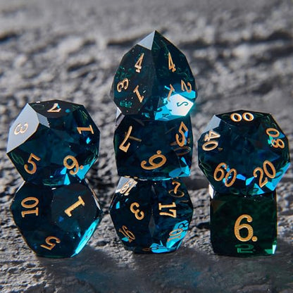 Prism Gemstone DND Dice Set,7 Pcs Handmade Crystal Glass GemDice, Polyhedral MultiFaceted Diamond-Cut Glass D&D Gem Dice for RPG Game,D&D Accessories with Gift Box - color: Pm-dark Green