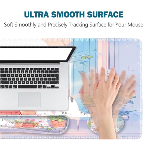 ToLuLu Extended Gaming Mouse Pad, Ergonomic Keyboard Mouse Wrist Rest Set | Large Desk Mat with Stitched Edges, Non-Slip Base Memory Foam Support Mousepad for Home Office and Game, Purple Cute Cat - color: Purple Cute Cat
