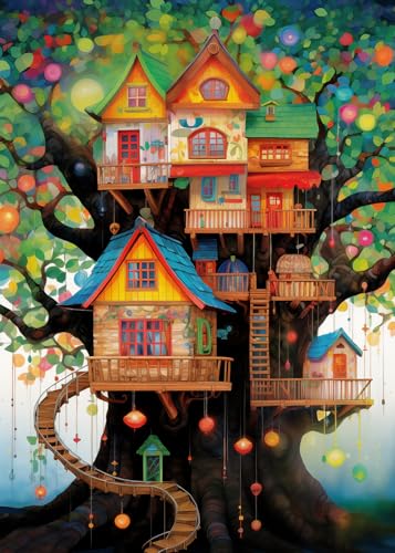 Tree House Art Puzzle for Adults 1000 Pieces, Colorful Plant Painting Jigsaw Puzzles Fantasy Tree of Life Puzzles, Challenging Hard Nature Puzzles for Adults Home Decor - color: Dream Treehouse
