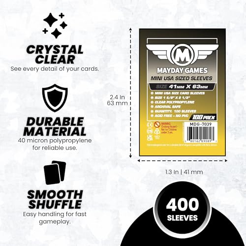 MayDay Games Mini USA Card Sleeves 41x63mm - Clear Polypropylene, 40 Micron, 400 Standard Board Game Card Sleeves- MDG-7039