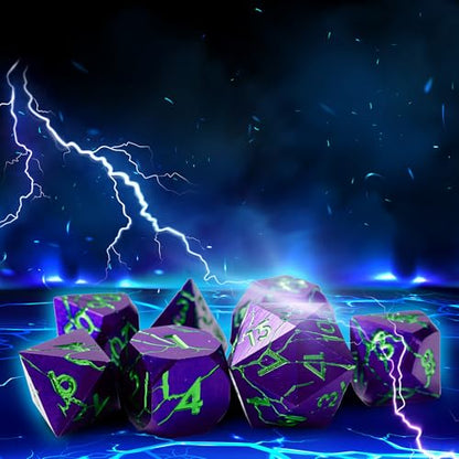 Metal Dice for DND - Ancient Cracked Pharaoh Ruins – Purple Green Cracks | Beautiful 7pc Polyhedral Dice Set, Smooth Rolling, Role Playing Games (RPG), Compatible with D&D, for Dungeons and Dragons - color: Purple With Green Cracks