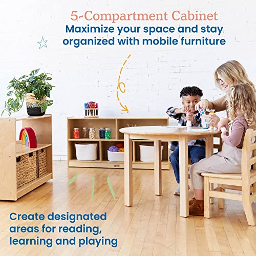 ECR4Kids 5-Compartment Mobile Storage Cabinet, Toddler, Classroom Furniture, Natural - color: Natural