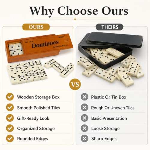 Smilejoy Dominos Set for Adults -Jumbo Size Dominoes Double Six Edition- Classic Board Games- Thick Size Double 6 Domino Set with Deluxe Brown Wood Box, 28 Tiles (2-4 Players) - style: Jumbo Size