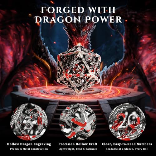 MoKo Dragon Hollow Metal DND Dice Set, Red+Silver | 7 Pcs Polyhedral, D20 D12 D10 D8 D6 D4, For Dungeons and Dragons RPG Games, With Gift Box - color: 4 - Red+sliver