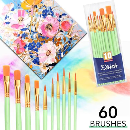 ESRICH Paint Brushes Set,6 Packs 60 Pcs Acrylic Paint Brush Set,Acrylic Oil Watercolor, Face Nail Art, Miniature Detailing,Rock Painting,Painting Artist Professional Kits(Green) - color: Green, size: 60