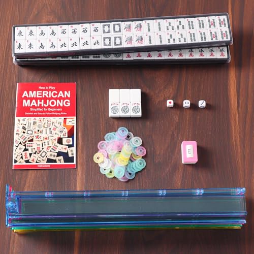 ZGME American Mahjong Set,166 White Tiles with Red Bag and Accessories,4 All-in-One Mahjong Racks with Pushers,Complete Western Mahjong Set - color: Red