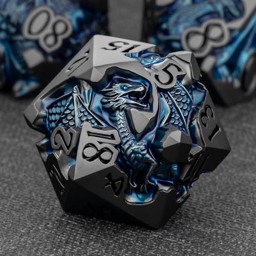 Roycevon Relief Dragon DND Dice Set for Role Playing Game, 7Pcs Metal D&D Dice Set Dungeons Dragons with Gift Box, Polyhedral D and D Dice D20 D12 D10 D8 D6 D4, Blue and Black - color: Blue and Black