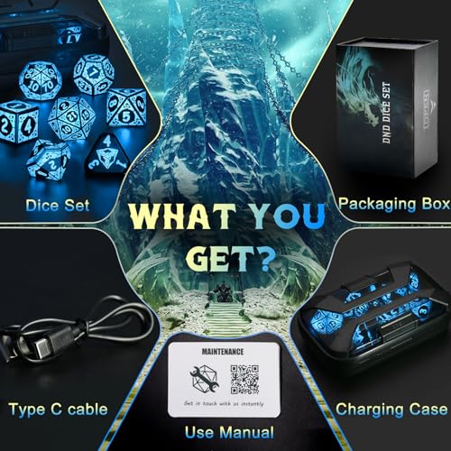 LED DND Dice Set, Light up Dice Rechargeable for RPG DM Gifts, Blue | ZHOORQI D and D Polyhedral Dice with Charging Box, Glow in The Dark Dice Easy Reading for Dungeons and Dragons TTRPG - color: Blue-shackles