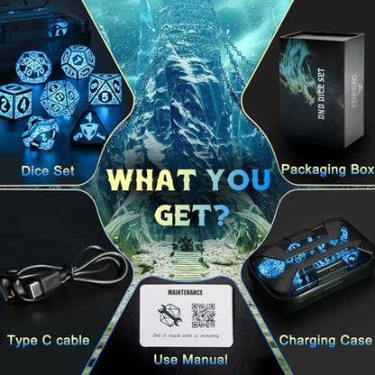 LED DND Dice Set, Light up Dice Rechargeable for RPG DM Gifts, Blue | ZHOORQI D and D Polyhedral Dice with Charging Box, Glow in The Dark Dice Easy Reading for Dungeons and Dragons TTRPG - color: Blue-shackles