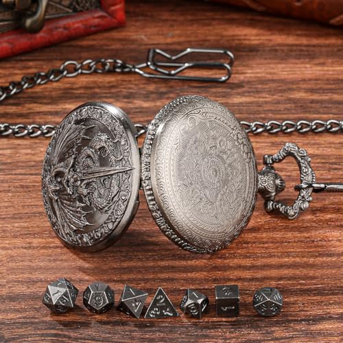 DragonSword D&D Dice Set with Pocket Watch Case, 7PCS Metal Dice Set for DND, Mini Dice with Gifts Case, Role Playing Board Games Accessories Gifts (Black) - color: Black