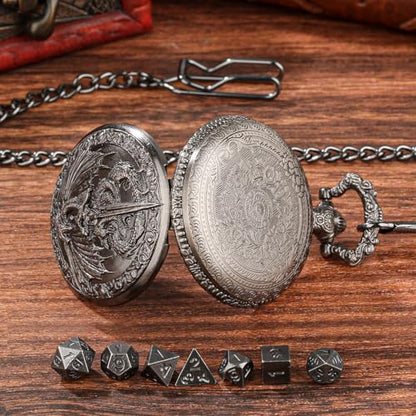DragonSword D&D Dice Set with Pocket Watch Case, 7PCS Metal Dice Set for DND, Mini Dice with Gifts Case, Role Playing Board Games Accessories Gifts (Black) - color: Black