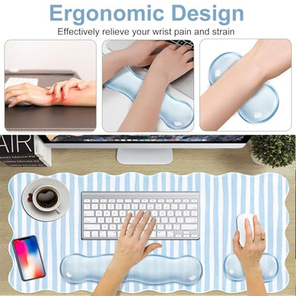L-SPOUTTO Blue Striped Mouse Pad Set,Scalloped XXL Desk Mat + Ergonomic Mouse Wrist Rest + Gel Keyboard Wrist Rest for Keyboard 65%/75%,3in1 Large Desk Pad for Desktop Home Office Computer Game - color: Blue Striped