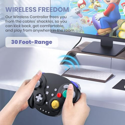 SAFFUN 2 Pack Wireless GameCube Style Controller for Switch 1 & 2 / Lite/Switch Online, NGC Style Pro Controller Compatible with Windows PC, macOS - (Rechargeable) (Built-in Rumble) (NFC)- Black - color: Two Pack BT Version Black