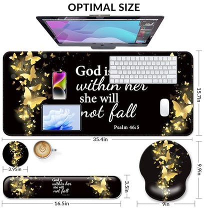 Desk Mat Set Keyboard and Mouse Pad with Wrist Rest Support | Ergonomic,Pain Relief, 4-in-1 Large Big Mousepad Computer Mats,Desk Pad Matt Mats for Desktop Home & Office - color: E3-Golden Butterflies