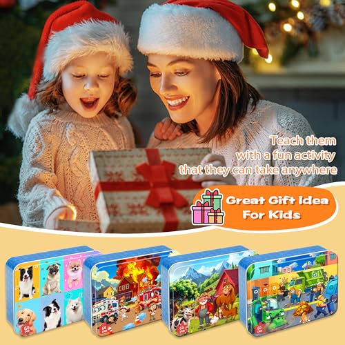 LELEMON Puzzles for Kids Ages 4-6,4-Pack Dogs Fire Fighting Garbage Truck Farm 60 Piece Puzzles for Kids Ages 4-8 in a Metal Box,Educational Jigsaw Puzzles Puzzle Games Puzzle Toys for Girls and Boys - color: Dogs Fire Fighting Garbage Truck Farm