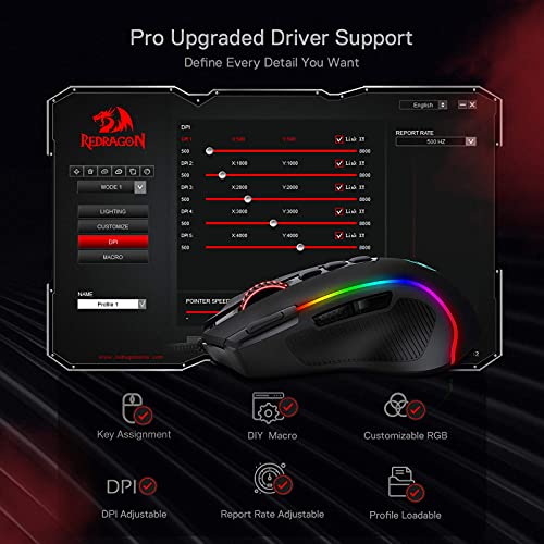 Redragon M612 Wired RGB Optical Gaming Mouse 8000 DPI Remapping Keys | Stable Lag-Free Connection, Redefine Keybinding Macro, Vibing Backlight, Ergonomic Grip Body Comfort - color: Black, style: Wired