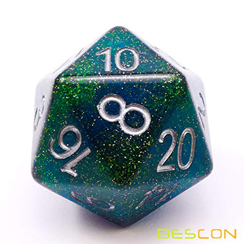 Bescon Glitter Jumbo D20 38MM, Big Size 20 Sides Dice Glitter Turquoise Green, Big 20 Faces Cube 1.5 inch - color: Glitter Turquoise Green