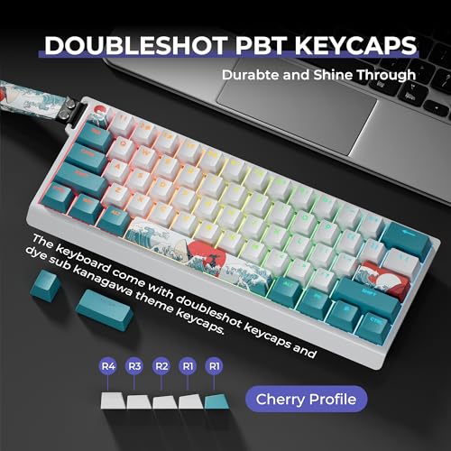 HITIME x XVX 60% Percent Keyboard with Strap, H61 Wired Aluminum Gaming Keyboard, Hot Swappable, Kanagawa Anime PBT Keycaps, RGB Backlit, Cherry Profile, Sound Absorbing Pads, Creamy Linear Switch - color: White Kanagawa
