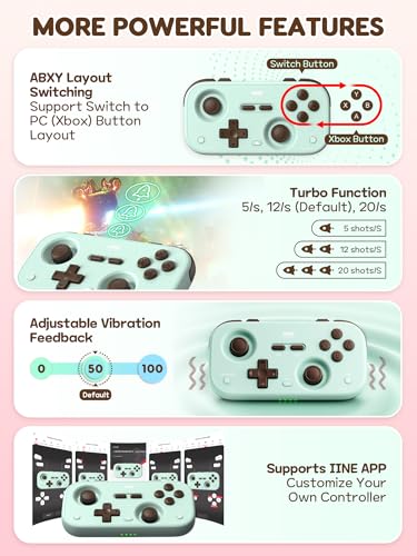 IINE Retro Pocket Game Controller with Hall Effect Joysticks, Switch 1 & 2 Compatible, Wireless Gamepad for Steam Deck, PC, Android, iOS, Customizable D-Pad, Vibration & Motion Control (Mint Choco) - color: Mint Choco