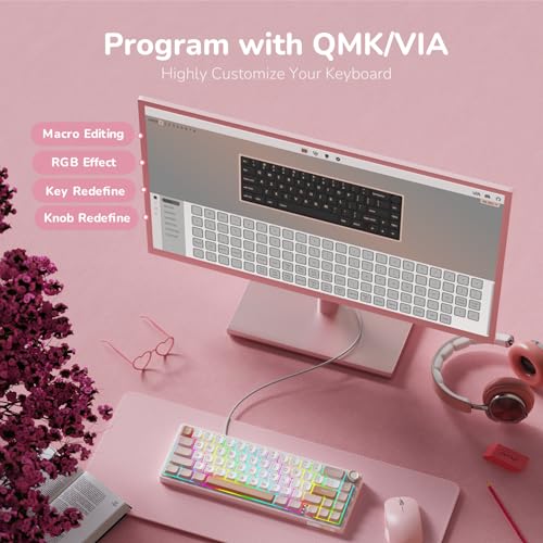 RK ROYAL KLUDGE R65 Wired Mechanical Keyboard with Volume Knob, 60% Percent RGB Backlit Gasket Mount Gaming Keyboard with PBT Keycaps, MDA Profile, QMK/VIA, 66 Keys Hot Swappable Cream Switch, Pink - color: Pink
