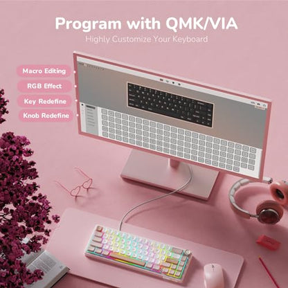 RK ROYAL KLUDGE R65 Wired Mechanical Keyboard with Volume Knob, 60% Percent RGB Backlit Gasket Mount Gaming Keyboard with PBT Keycaps, MDA Profile, QMK/VIA, 66 Keys Hot Swappable Cream Switch, Pink - color: Pink