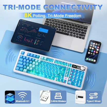 AJAZZ AK980 V2 Pro 98% Dual 8K Mechanical Keyboard, 10000mAh Wireless Tri-Mode Gaming Keyboard with Smart Display & Knob, Hot Swappable BT/2.4G/USB-C for Win/Mac (Blue,Lychee Switch) - color: Blue