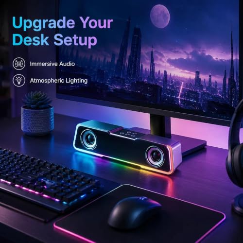 RGB Computer Soundbar Speakers for PC USB Desktop Stereo Speaker Gaming | Dual drivers deliver balanced stereo sound with enhanced clarity for music, gaming, movies and calls.