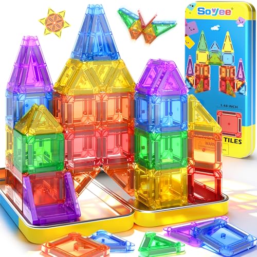 Soyee Mini Magnetic Tiles Travel Toddler Toys with Metal Tin Portable STEM Building Kids Toys for 3 4 5 6 7 8+ Years Old Boys & Girls & Birthday Gifts - size: Travel Set
