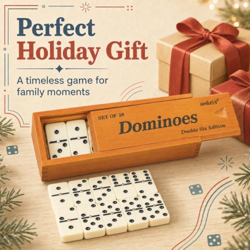 Smilejoy Jumbo Dominoes Set for Adults, Double 6 Domino with Wooden Box | 28 Jumbo Retro Ivory tiles, Prime wood Box, Metal Spinner,recessed mark, for 2-4 players, Board Game,Festival Gift choice - size: Jumbo Size