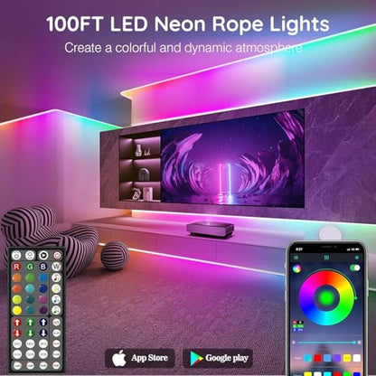 SINLEY Led Neon Rope Lights 100FT,Control with App/Remote,Flexible Led Rope Lights,Multiple Modes,IP68 Outdoor RGB Neon Lights Waterproof,Music Sync Gaming Led Strip Lights for Bedroom Indoor - size: 100FT