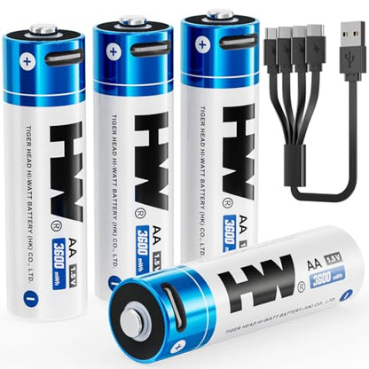 HW Rechargeable AA Lithium Batteries, [1.5V, 4-Pack] 3600mWh High Capacity USB C Battery Fast Charging, 1000 Cycles Pilas Recargables for VR/Gaming Controllers, Wireless Mice/Keyboards, Remotes, etc. - size: 4-Pack