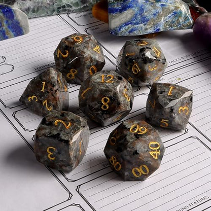 Natural Flame Yooperlite Gemstone 7-Piece Diamond Cut Dice Set D&D Set for Dungeons and Dragons, RPG, Tabletop Games, remium Gift Box & Durable Design - color: Ls-5