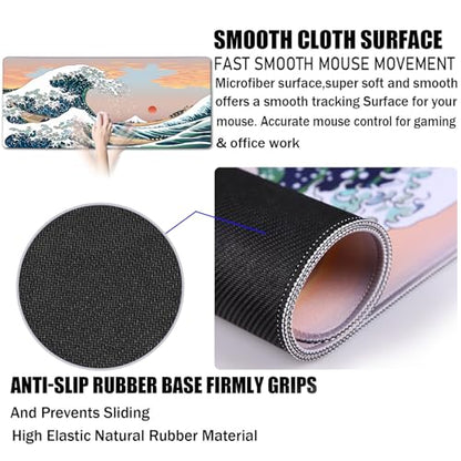 Japanese Large Gaming Mouse Pad with Extended Stitched Edges, (31.5X15.7In) Durable Non-Slip Natural Rubber Base, Waterproof Computer Pad for Esports Pros/Gamer/Office/Home, Sunset Sea - color: Sunset Sea