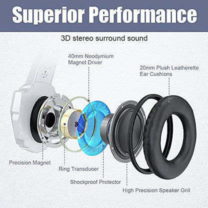 BENGOO Pro Gaming Headset for PS4 PS5 PC Xbox One Controller, Noise Cancelling Over Ear Headphones with Mic, LED Light, Bass Surround, Soft Memory Earmuffs for Laptop Mac - White - color: White