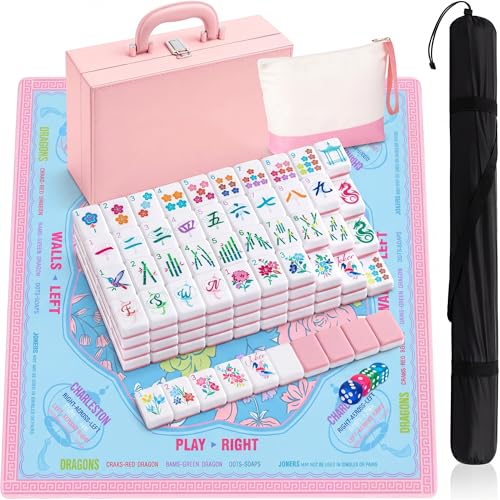 Soulchen 1.2in American Mahjong Tiles Set with Noise Reducing Mat 168 Acrylic Engraved Mahjong Game Tiles with Portable Storage Bags and 4 Dice for Adults Family Friends Collection Travel Game(Pink) - color: Pink